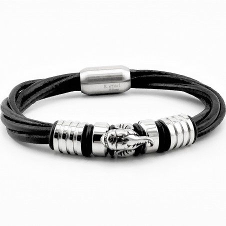Zwarte Leren Armband met RVS Olifant Hoofd