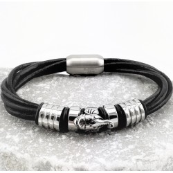 Zwarte Leren Armband met RVS Olifant Hoofd
