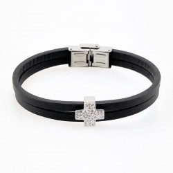 Dubbele Zwart Leren Armband met Kruis