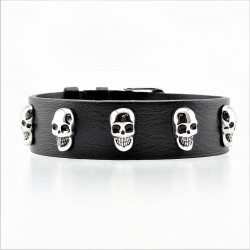Zwarte Brede Leren Armband met Rvs Schedels