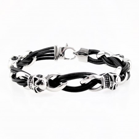Leren Biker Armband met RVS Schakels-Schedels