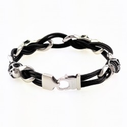 Leren Biker Armband met RVS Schakels-Schedels