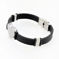 Zwarte Leren Armband met Rvs Hartvormige Graveerplaat