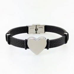 Zwarte Leren Armband met Rvs Hartvormige Graveerplaat