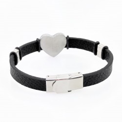 Zwarte Leren Armband met Rvs Hartvormige Graveerplaat