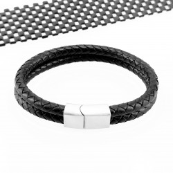 Dubbel Zwart Gevlochten Leren Armband