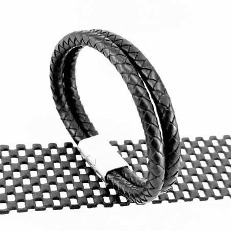 Dubbel Zwart Gevlochten Leren Armband