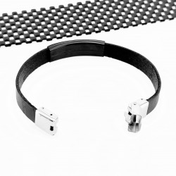 Zwarte Leren Armband met Gedetailleerde RVS Plaat