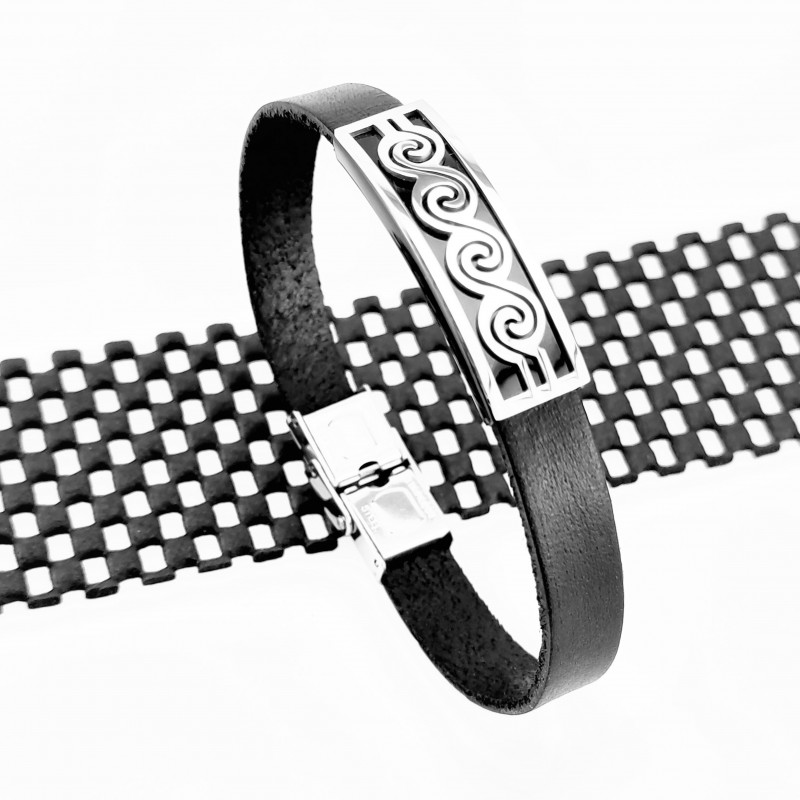 Zwarte Leren Armband met Gedetailleerde RVS Plaat