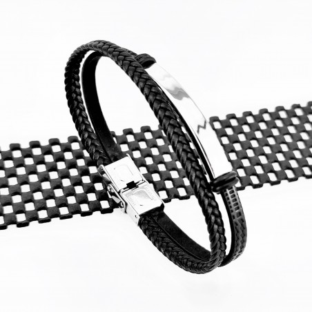 Dubbele Zwarte Leren Armband met Graveerplaat