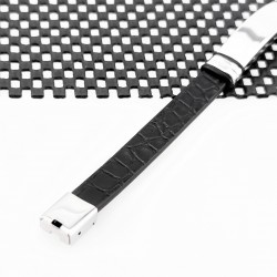 Zwart Leren Armband met Krokodillen Detail en Gravier Plaat