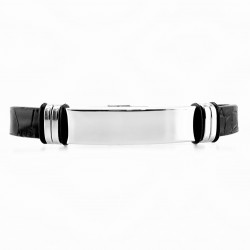 Zwart Leren Armband met Krokodillen Detail en Gravier Plaat