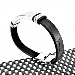 Zwart Leren Armband met Krokodillen Detail en Gravier Plaat