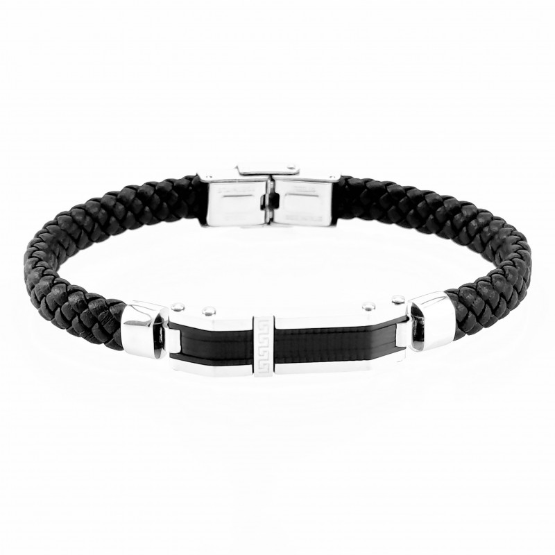 Zwart Gevlochten Echt Leer Armband met RVS-Plaat