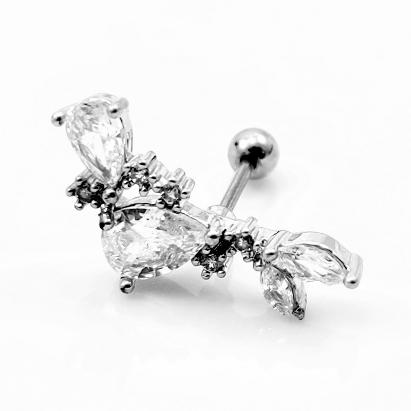 RVS Oorbel met Zirkonia's Bladeren - Oor Helix - Tragus Kraakbeen
