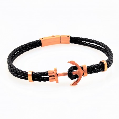 Zwarte Leren Armband met Roségoudkleurig RVS Anker