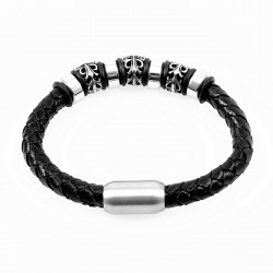 Stoere Zwart Leren Armband met RVS Fleur de lis-Elementen