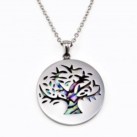 RVS Ketting + Levensboom Medaillon met Abalone
