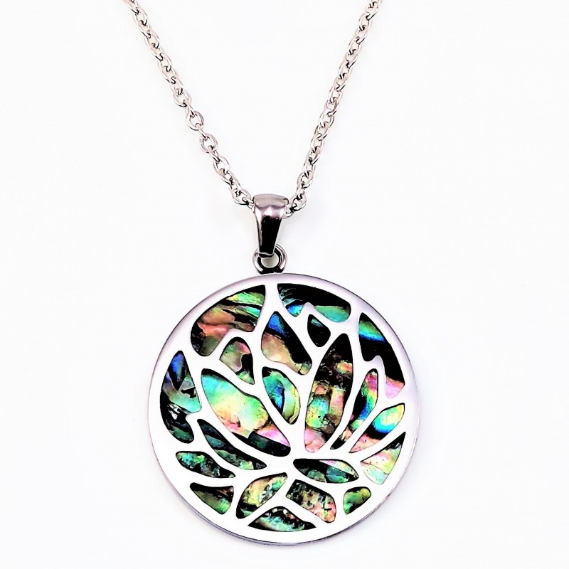 RVS Ketting + Floraal Medaillon met Abalone