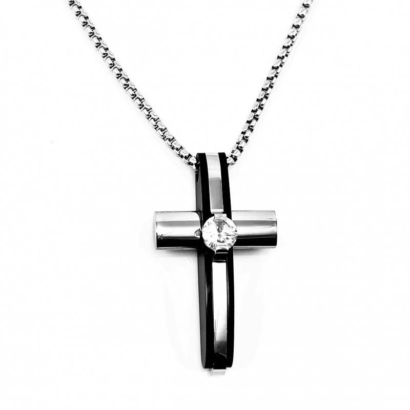 RVS Ketting + Zwart-Zilverkleur RVS Kruishanger
