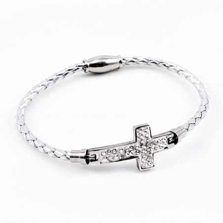 Zilverkleurige Leren Armband met Stalen Strass Steentjes-Kruis