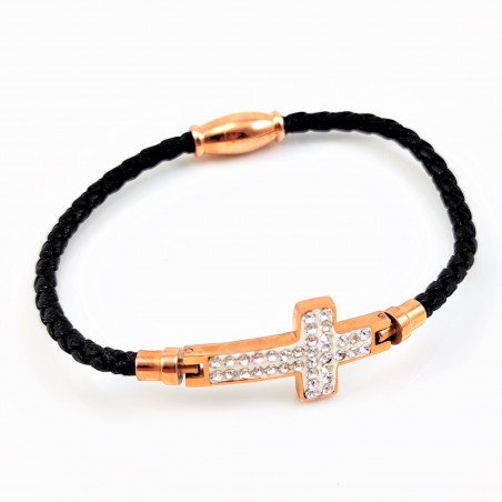 Zwart Leren Armband met Kruis Strass in Roségoudkleurig RVS