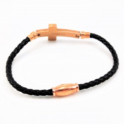 Zwart Leren Armband met Kruis Strass in Roségoudkleurig RVS