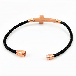 Zwart Leren Armband met Kruis Strass in Roségoudkleurig RVS
