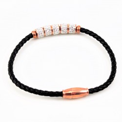 Zwart Leren Armband met Strass-Elementen in Roségoud RVS