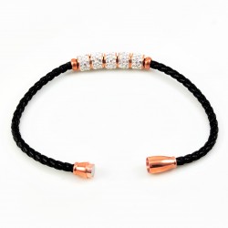 Zwart Leren Armband met Strass-Elementen in Roségoud RVS