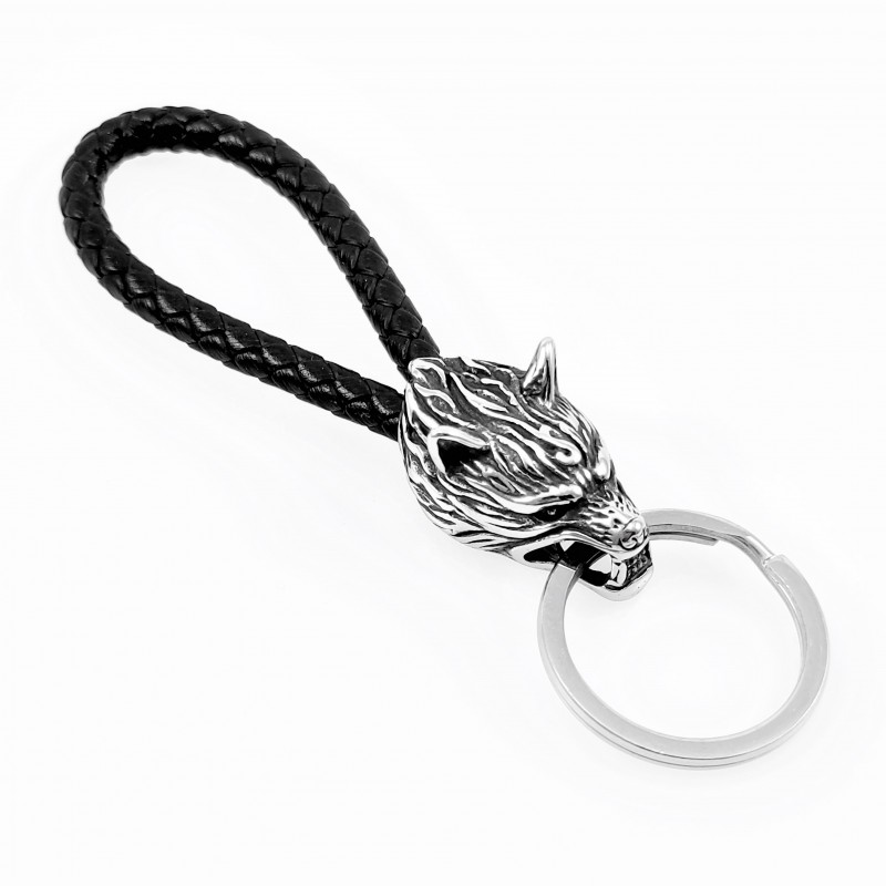 Leren Sleutelhanger met Roestvrijstalen Wolfkop Leren Sleutelhanger met Roestvrijstalen Wolfkop