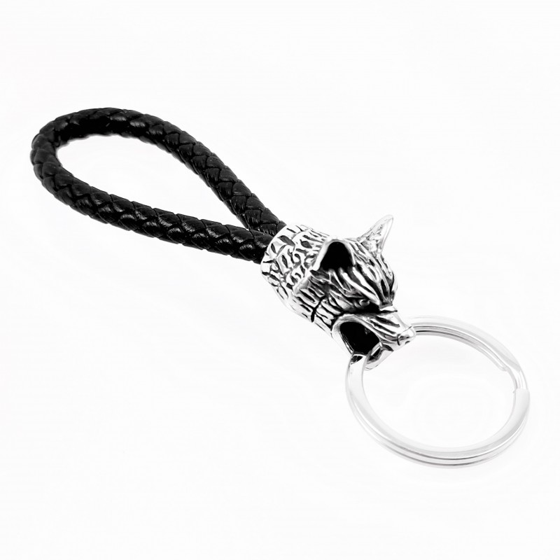 Leren Sleutelhanger met RVS-Wolfkop Leren Sleutelhanger met RVS-Wolfkop