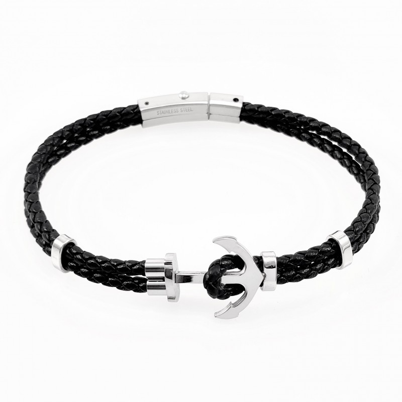 Zwart Leren Armband met zilverkleurige RVS Anker Zwart Leren Armband met zilverkleurige RVS Anker