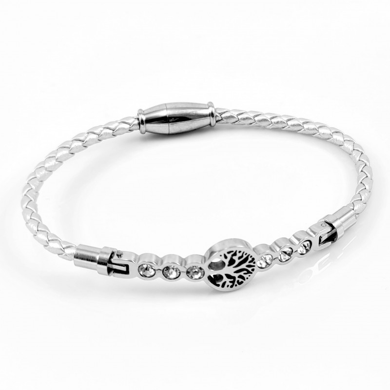 Zilverkleur Leren Armband met Strass en Levensboom Zilverkleur Leren Armband met Strass en Levensboom