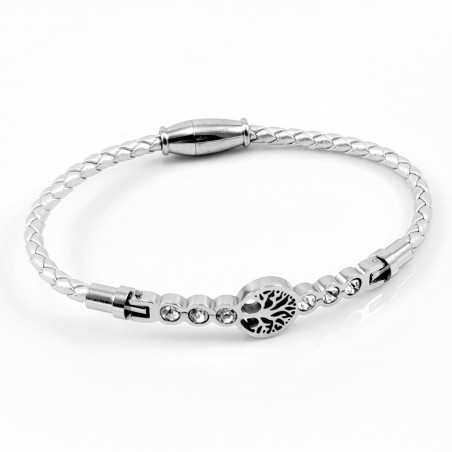 Zilverkleur Leren Armband met Strass en Levensboom
