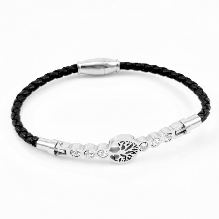 Zwart Leren Armband met Strass en Levensboom