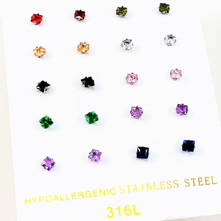 3mm Stalen Oorbellen met Gekleurde Vierkante Zirconi