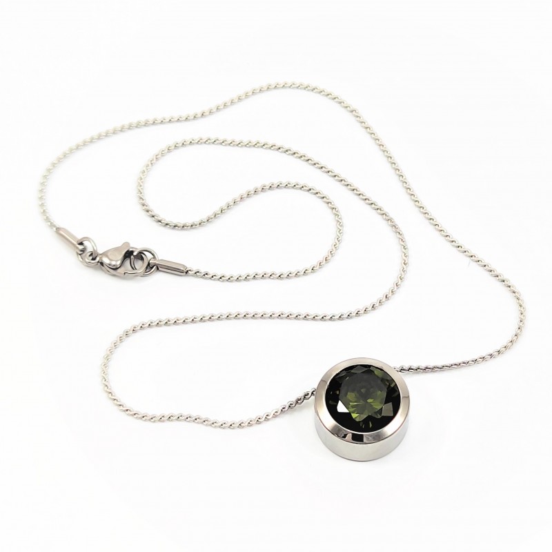 Roestvrijstalen Ketting + Olijfgroene Zirkonia-Charm Roestvrijstalen Ketting + Olijfgroene Zirkonia-Charm