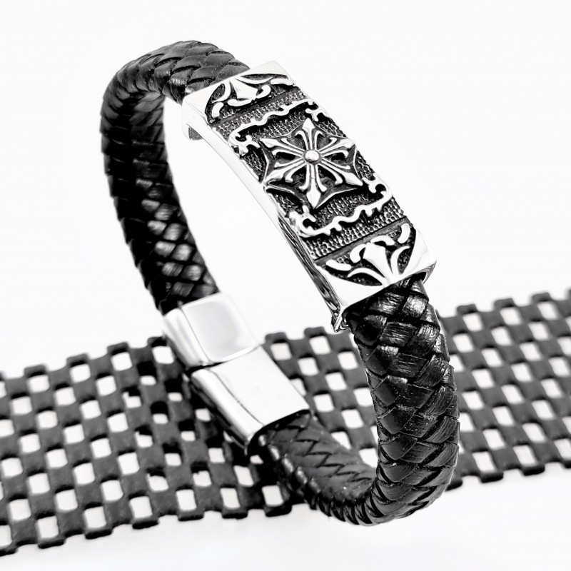 Zwart Heren Leren Armband met Plaatje Zwart Heren Leren Armband met Plaatje