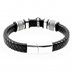 Zwart Gevlochten Leren Heren Armband Kruisdetail
