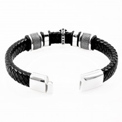 Zwart Gevlochten Leren Heren Armband Kruisdetail