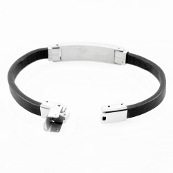 Zwarte Leren Armband met Zilverkleurige Staal Plaat