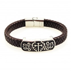 Donkerbruine Heren Leren Armband - Plaatje met Kruis en Details