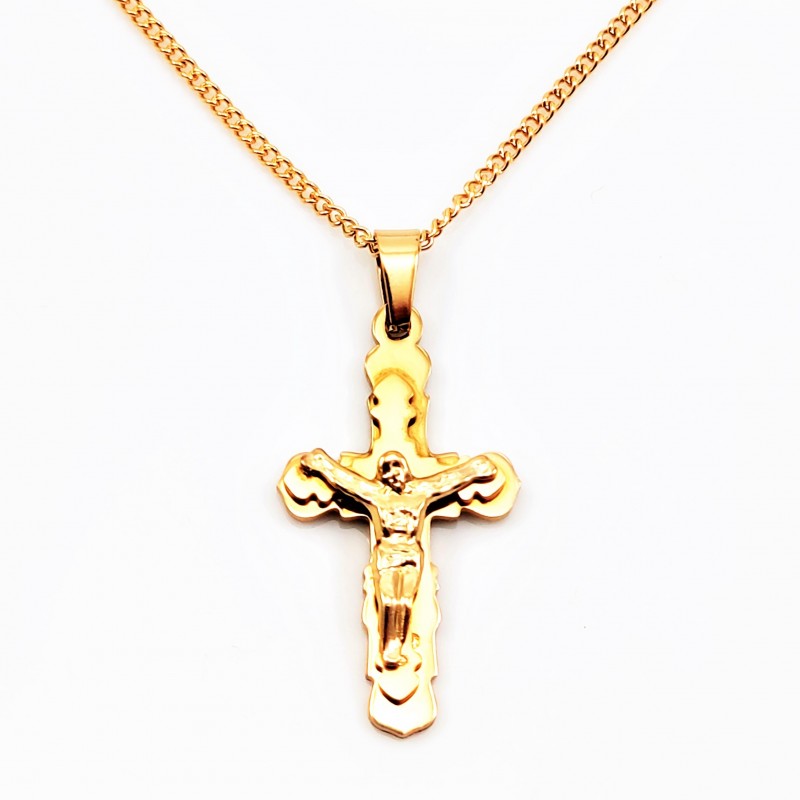 Ketting en Kruis met Jezus in Goudkleurig Roestvrij Staal Ketting en Kruis met Jezus in Goudkleurig Roestvrij Staal