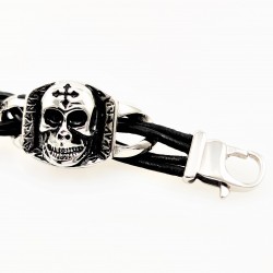 Zwarte Heren Leren Armband met RVS Schedels