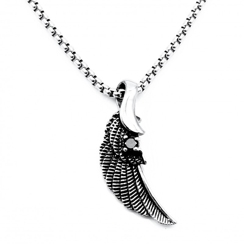 60cm x 3mm Jasseron Ketting + Engelvleugel Hanger met Zwarte Ziconia - Unisex - Roestvrij Stalen 60cm x 3mm Jasseron Ketting + Engelvleugel Hanger met Zwarte Ziconia - Unisex - Roestvrij Stalen