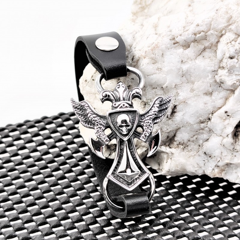 Zwart Heren Leren Armband met RVS Kruis Zwart Heren Leren Armband met RVS Kruis