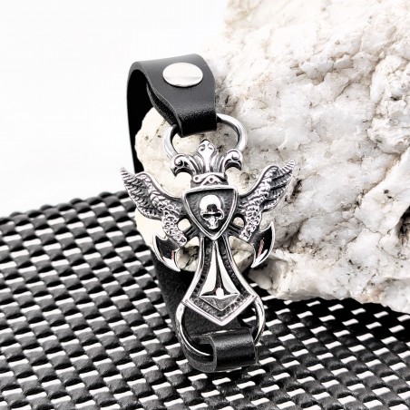 Zwart Heren Leren Armband met RVS Kruis