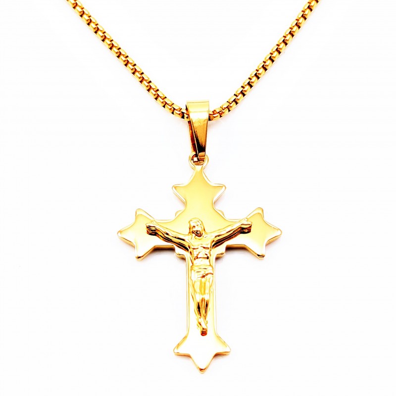 Verguld Roestvrij Stalen Ketting + Christelijk Kruis met Jezus Verguld Roestvrij Stalen Ketting + Christelijk Kruis met Jezus
