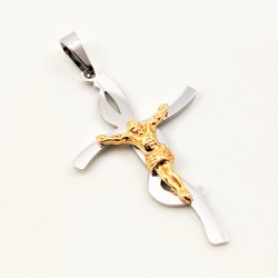 80cm x 2mm Verguld Ketting + Zilverkleurige staal en Verguld Stalen Egyptische Ankh Kruis met Jezus